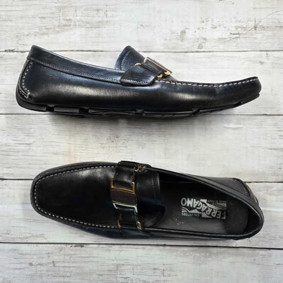Salvatore Ferragamo Other - Salvatore Ferragamo Loafers Mens 7.5D Black Leather Wood Buckle‎ Driver Shoes